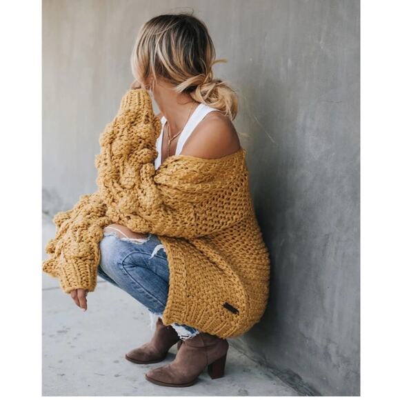 Golden Hour Glow slouchy billowy oversized honeycomb pom slv cardigan sweater - Picture 7 of 9